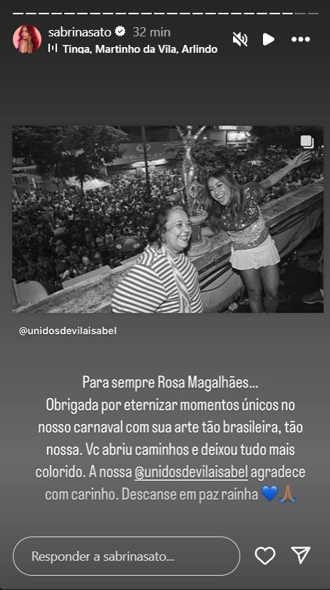 Sabrina Sato lamenta morte de Rosa Magalhães - Reprodução / Instagram