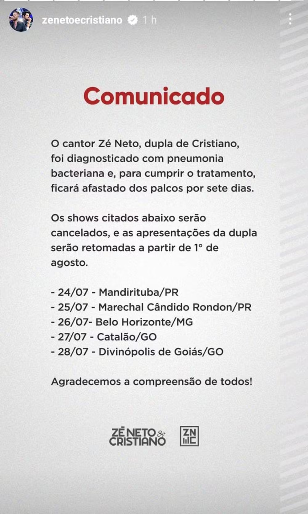 Zé Neto cancela shows (Reprodução/Instagram) 