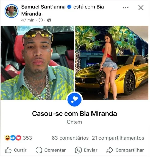 Bia Miranda assume relação com Samuel - Foto: Reprodução / Facebook