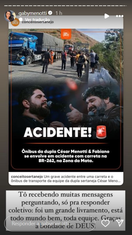 Esposa de Cesar Menotti fala sobre acidente com ônibus da dupla - Reprodução / Instagram