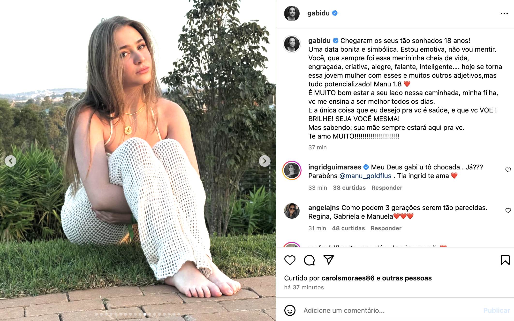 Post de Gabriela Duarte sobre a filha, Manuela