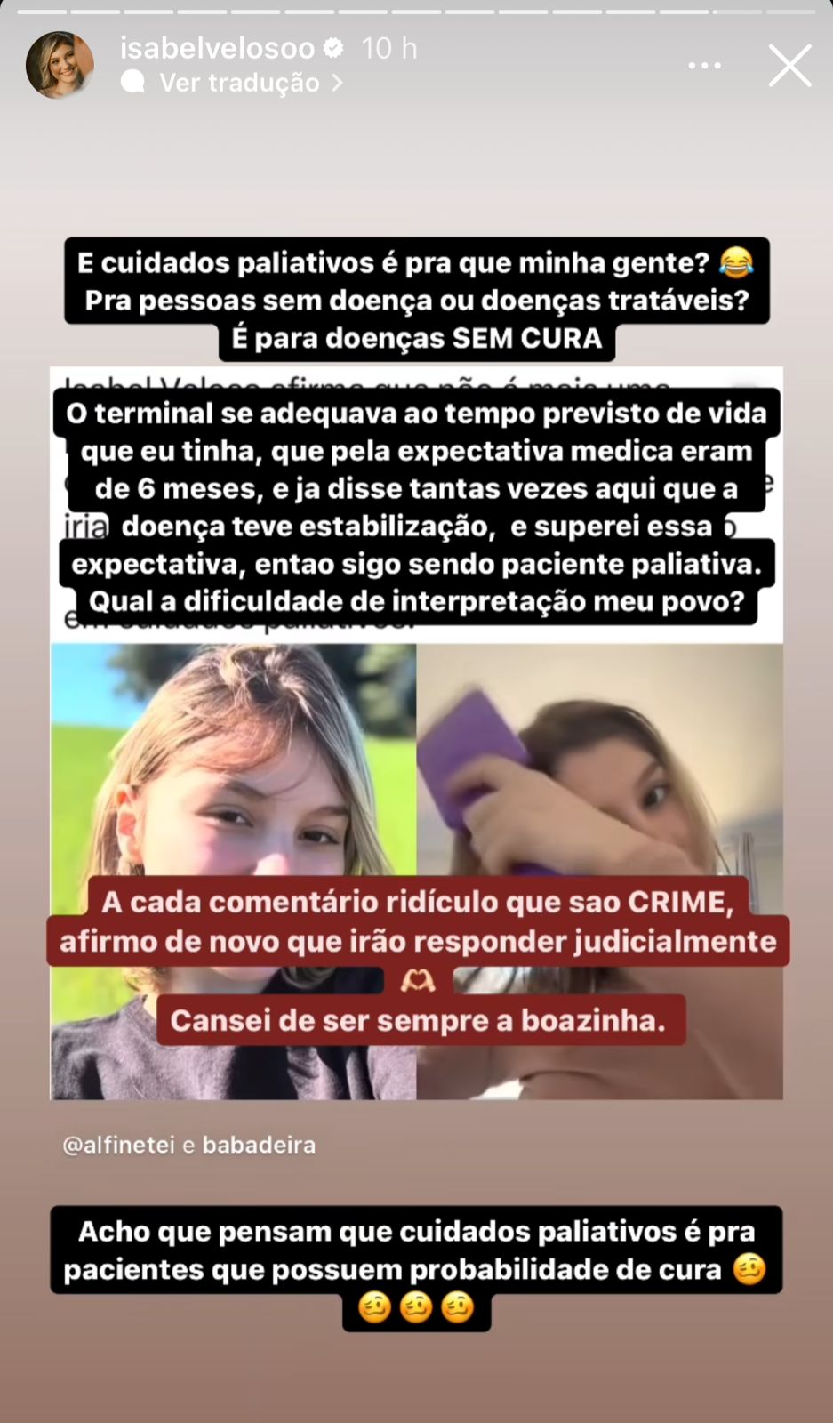 Isabel Veloso rebate comentários nas redes sociais