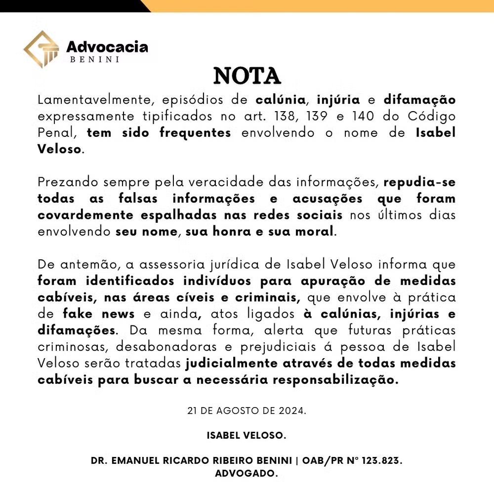 Isabel Veloso emite nota (Reprodução/Instagram) 