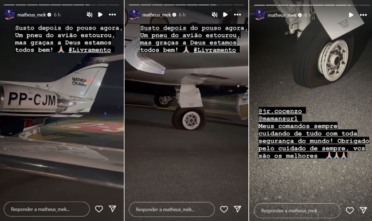 Pneu do avião de Matheus e Kauan estoura após pouso - Reprodução / Instagram