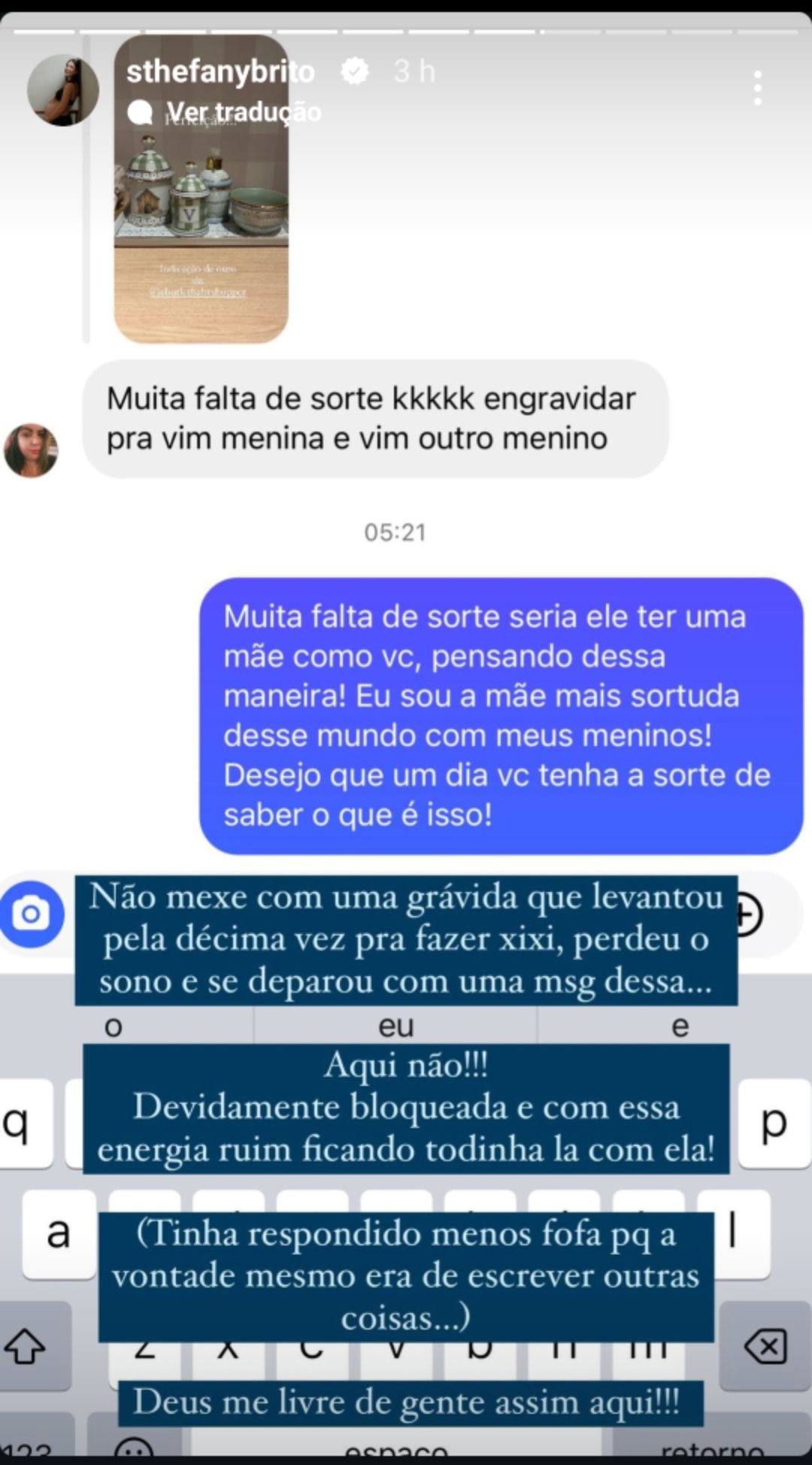 Sthefany Brito fica indignada com comentário