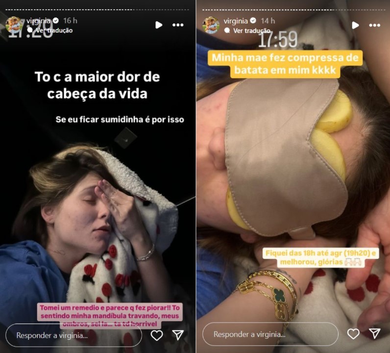 Virginia faz compressa de batata para aliviar dor de cabeça - Reprodução / Instagram