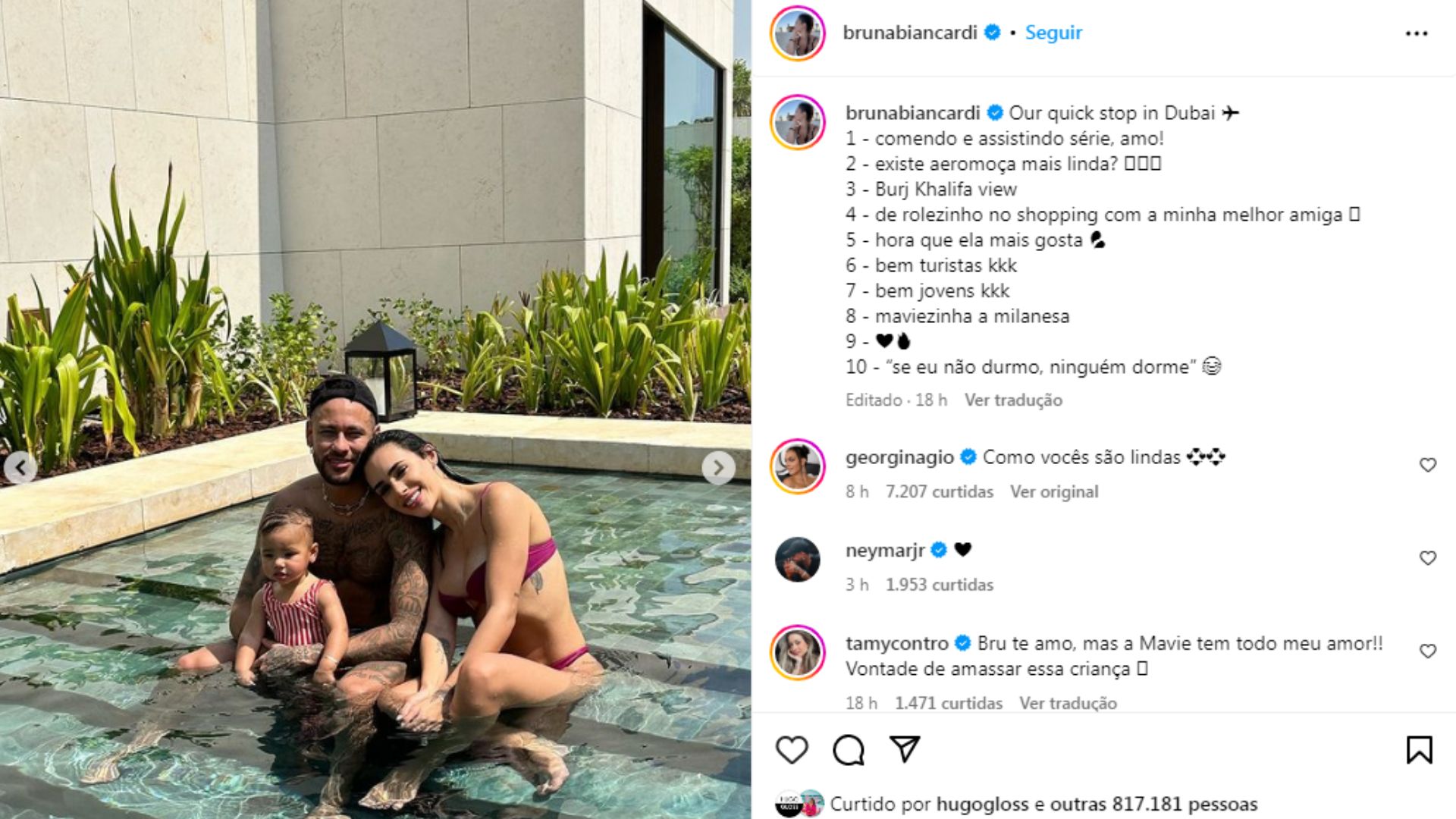 Esposa de Cristiano Ronaldo comenta foto de Bruna Biancardi - Reprodução / Instagram