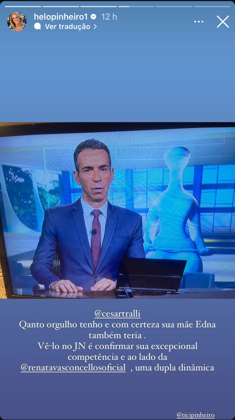 Helô Pinheiro manda recado ao ver César Tralli apresentar o 'Jornal Nacional'