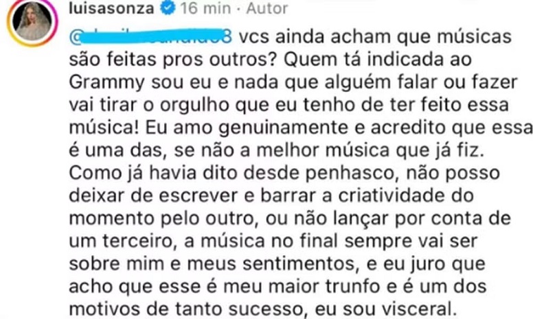 Luísa Sonza Comentário