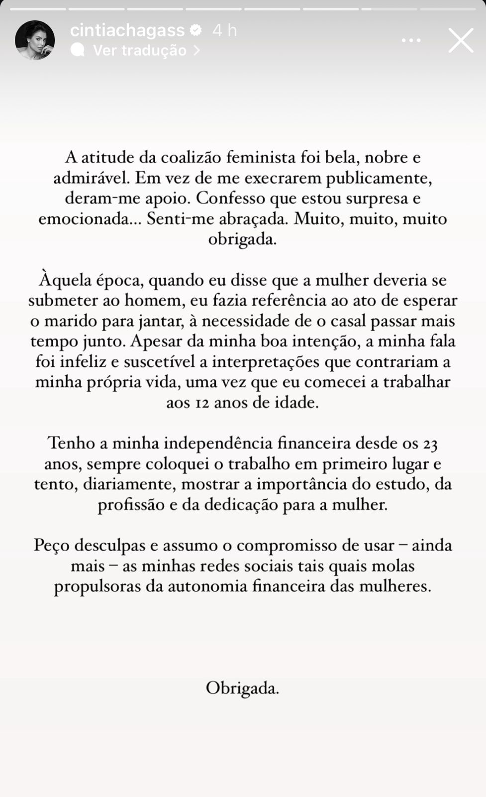 Cíntia Chagas esclarece fala sobre submissão ao marido após divórcio