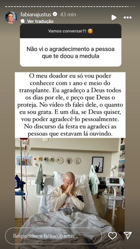 Fabiana Justus fala sobre doador de medula - Reprodução/Instagram