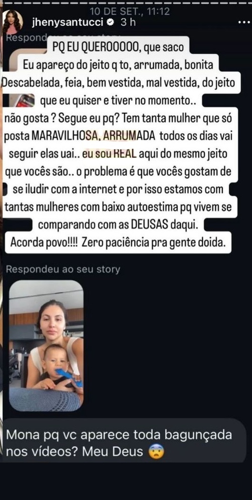 Jheny Santucci rebate críticas - Reprodução/Instagram