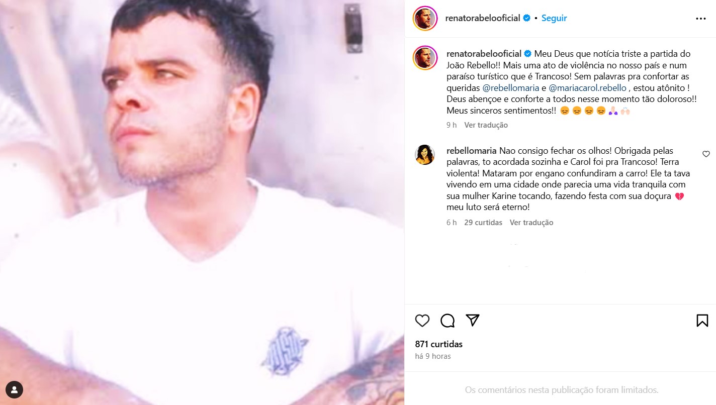 Mãe de João Rebello lamenta morte do filho - Reprodução / Instagram