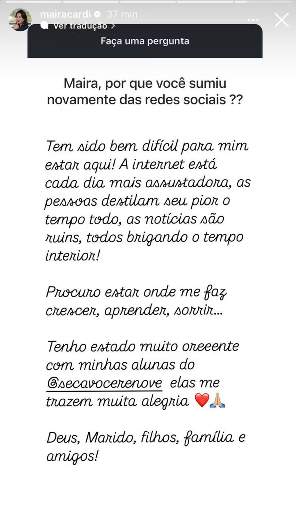 Desabafo de Maira Cardi (Reprodução/Instagram) 