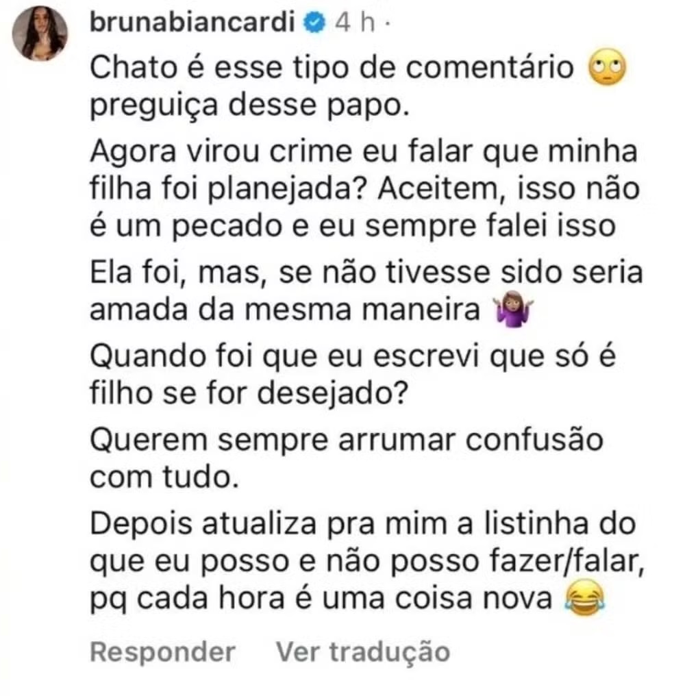 Comentário de Bruna Biancardi no Instagram 