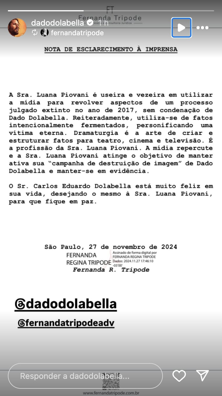 Nota de esclarecimento publicada por Dado Dolabella na noite desta quarta-feira, 27