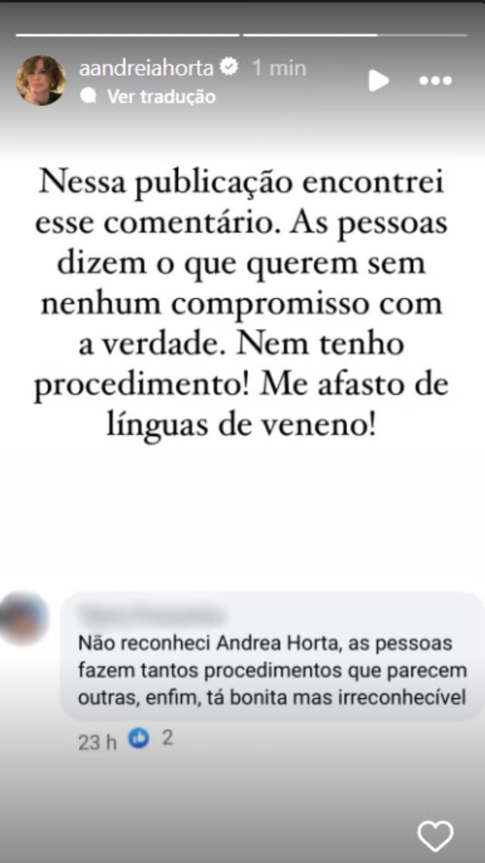  Andreia Horta rebate comentário (Reprodução/Instagram) 