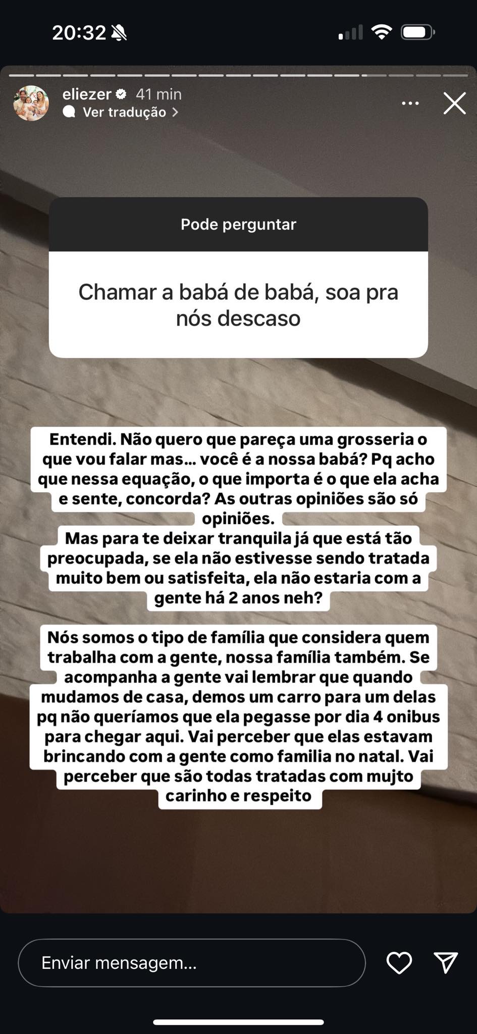 Eliezer desabafa sobre babá de Lua