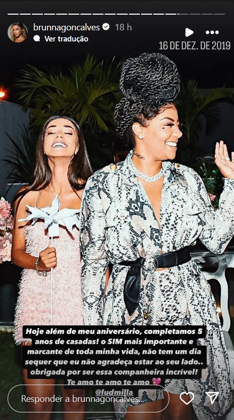 Brunna Gonçalves celebra 5 anos de casamento com Ludmilla - Reprodução/Instagram