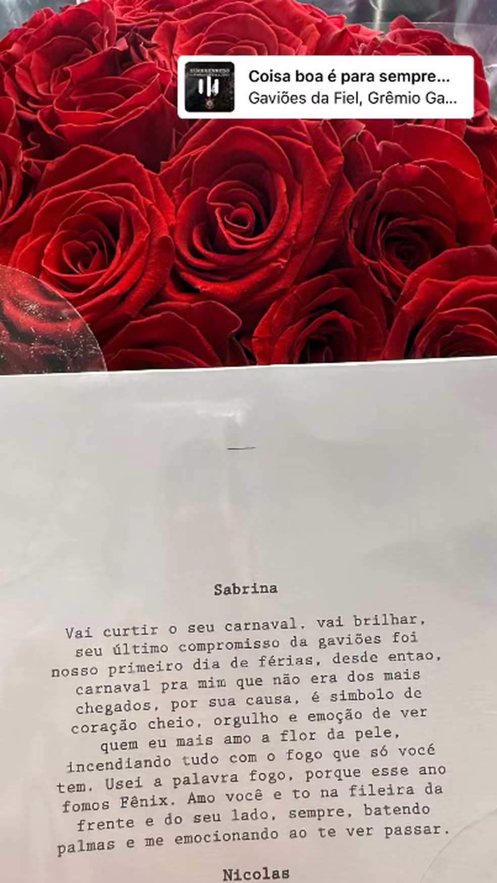 Sabrina Sato ganha carta de Nicolas Prattes (Reprodução/Instagram) 