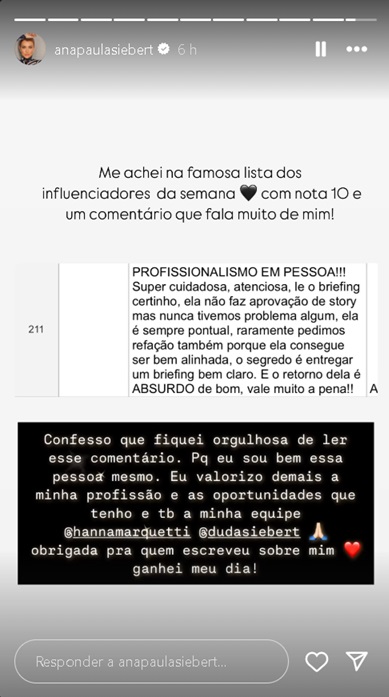 Storie de Ana Paula Siebert (Reprodução/Instagram) 