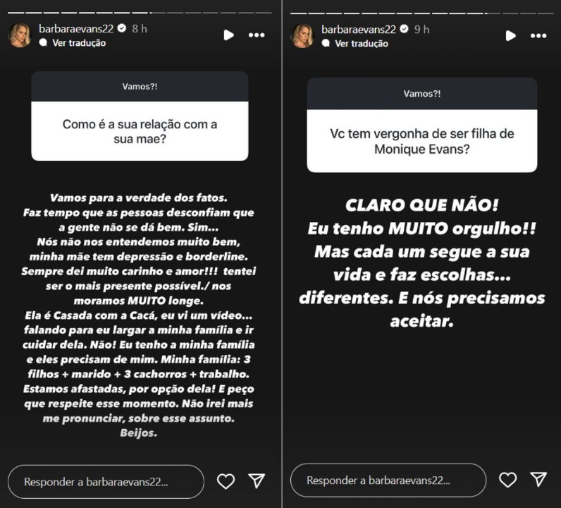 Bárbara Evans relata afastamento de Monique Evans - Reprodução/Instagram