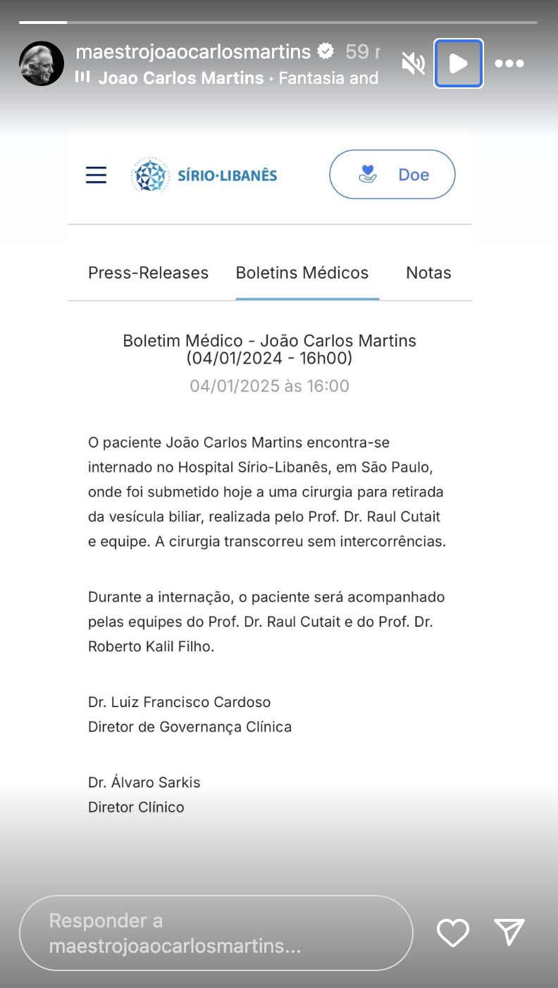 Boletim médico de João Carlos Martins