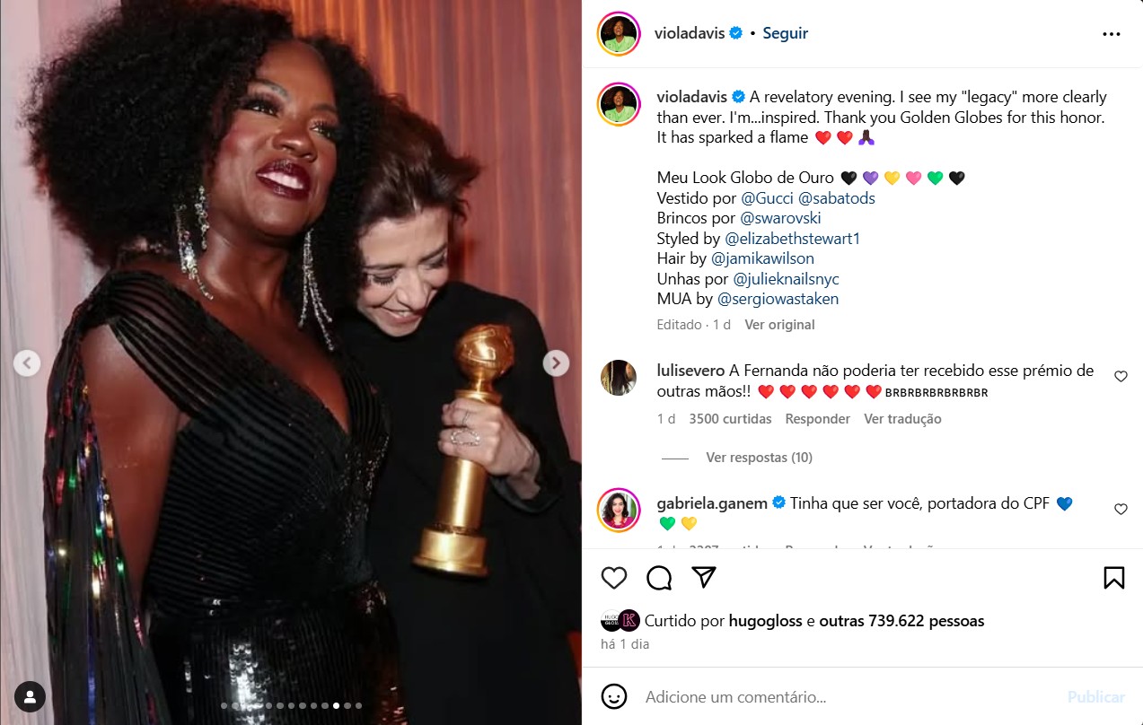 Viola Davis compartilha fotos com Fernanda Torres - Reprodução / Instagram