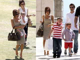 Victoria Beckham com o caçula Cruz. Na foto seguinte, com Brooklyn e Romeo