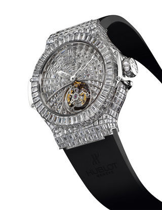 Relógio com caixa de platina, baguetes de diamantes e brilhantes Hublot, hublot.com