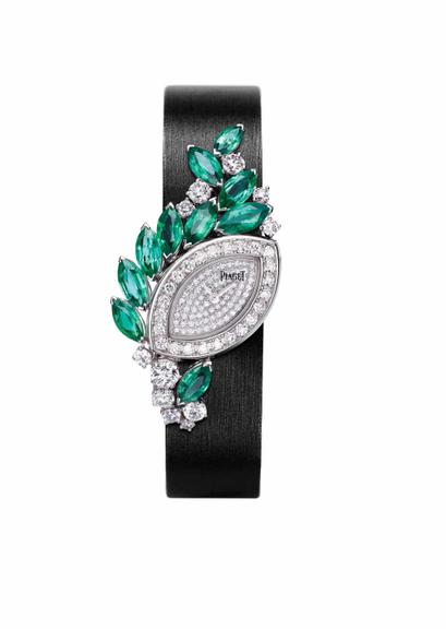 Horas Preciosas: De ouro branco com brilhantes, esmeraldas e pulseira de cetim PIAGET [piaget.com]