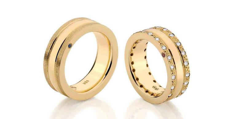 Alianças de ouro amarelo e, a feminina, com 20 pontos de diamantes Emar Batalha 11 3081-4529 (emarbatalha.com.br)