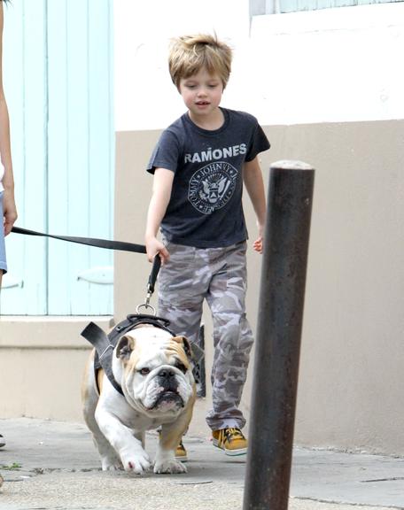 Maddox, Zahara e Shiloh, filhos do casal Brad Pitt e Angelina Jolie, se divertem ao passear com o cão da família