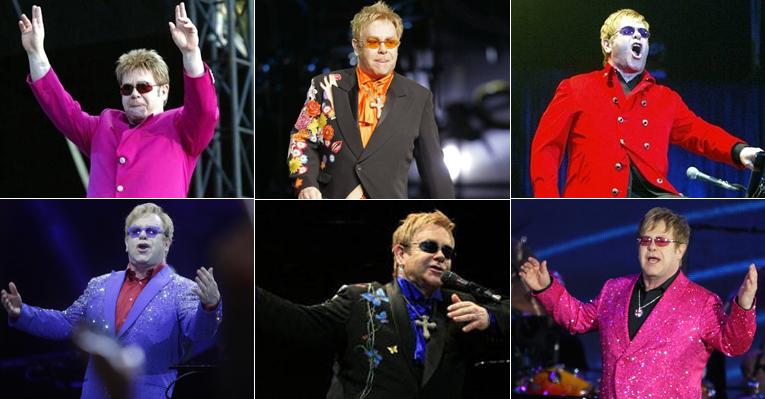 Dono de um dos estilos mais irreverentes, Elton John ousa nas cores e coleciona uma grande variedade de óculos e ternos