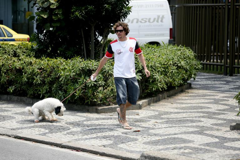 Felipe Dylon passeia com o cachorro no Rio de Janeiro