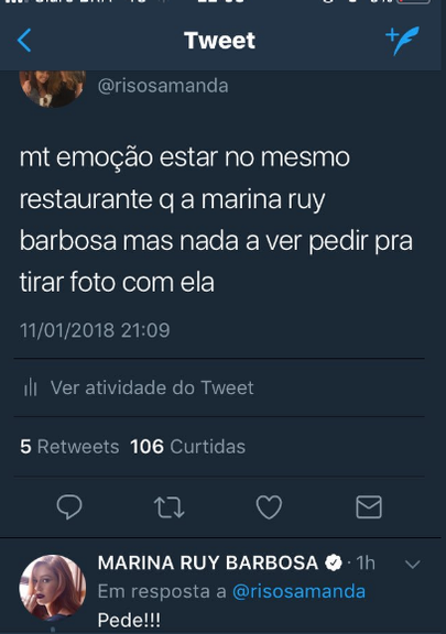 Marina Ruy Barbosa encontra com fã em restaurante