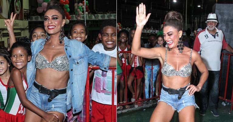 De top e micro shorts, Juliana Paes exibe barriga trincada em ensaio de Carnaval