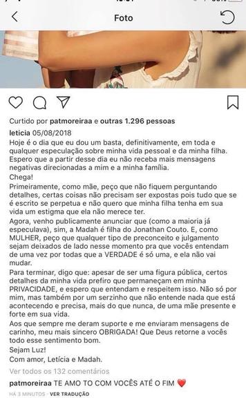 Letícia Almeida revela paternidade de sua filha, Madalena