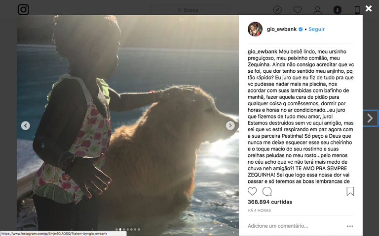 Giovanna Ewbank lamenta a morte de seu cachorro, Zequinha