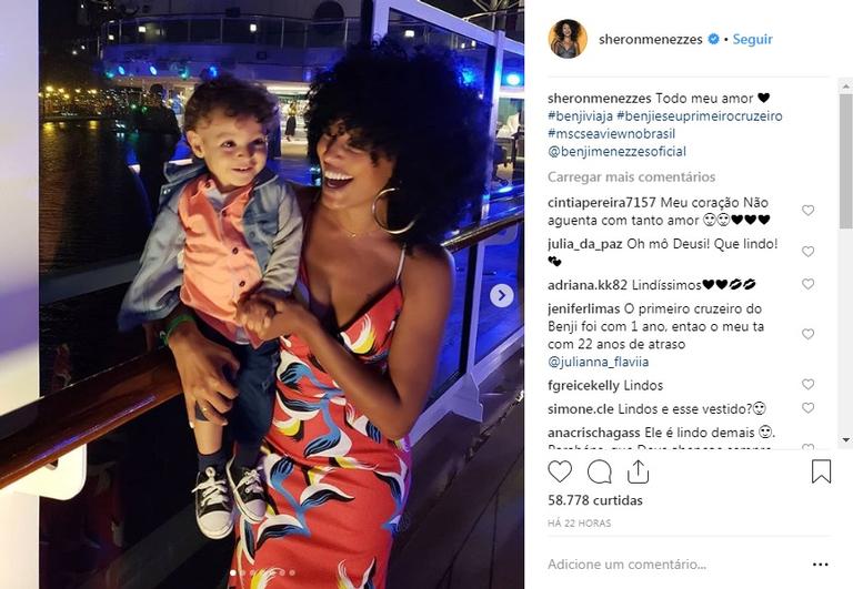 Sheron Menezzes se diverte em cruzeiro com o filho