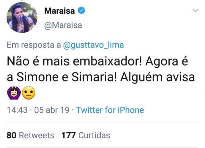 Maraisa desmerece título de Simone e Simaria para defender Gusttavo Lima e Marília Mendonça defende