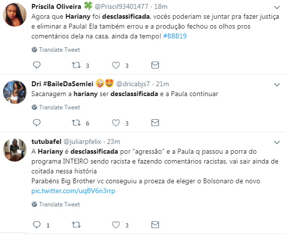 Internautas falam sobre expulsão de Hariany no BBB 19