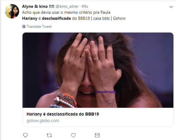 Internautas falam sobre expulsão de Hariany no BBB 19