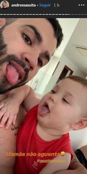 Andressa Suita se derrete ao ver selfies fofíssima de Samuel imitando o papai, Gusttavo Lima