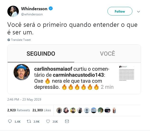 Whindersson Nunes responde Carlinhos Maia