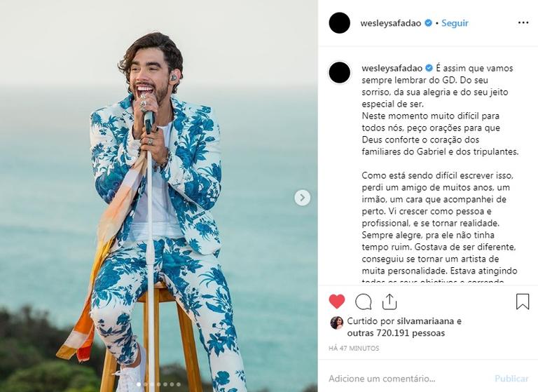 Muito próximo de Gabriel Diniz, Wesley Safadão se despede com texto emocionante