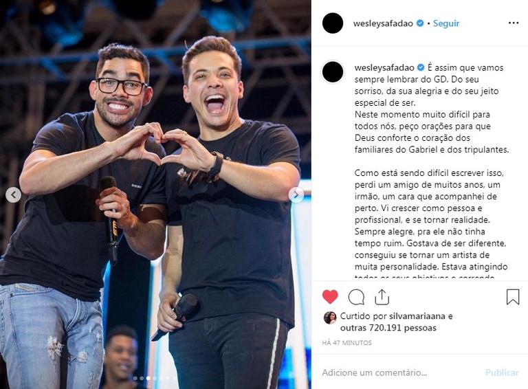 Muito próximo de Gabriel Diniz, Wesley Safadão se despede com texto emocionante