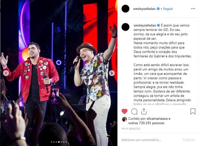 Muito próximo de Gabriel Diniz, Wesley Safadão se despede com texto emocionante