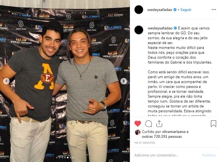 Muito próximo de Gabriel Diniz, Wesley Safadão se despede com texto emocionante