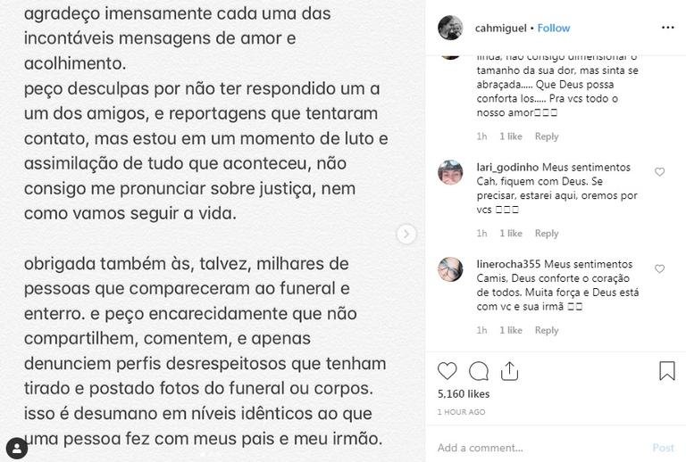 Declaração de irmã de Rafael Miguel, Camilla Miguel